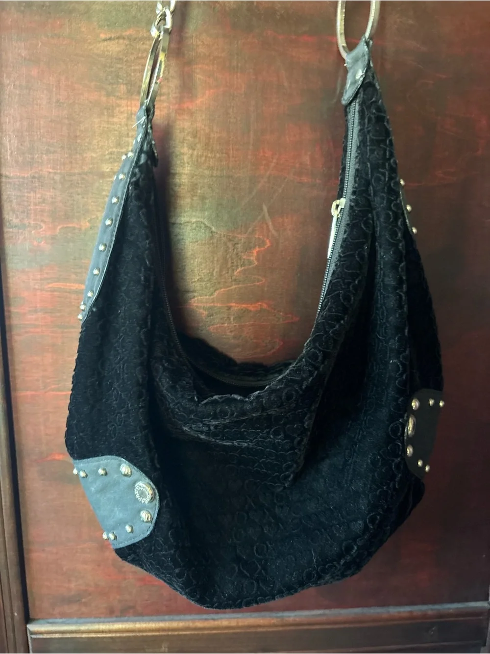 XOXO Black Hobo Bag with Stud Accents velvet feel - vintage Y2K